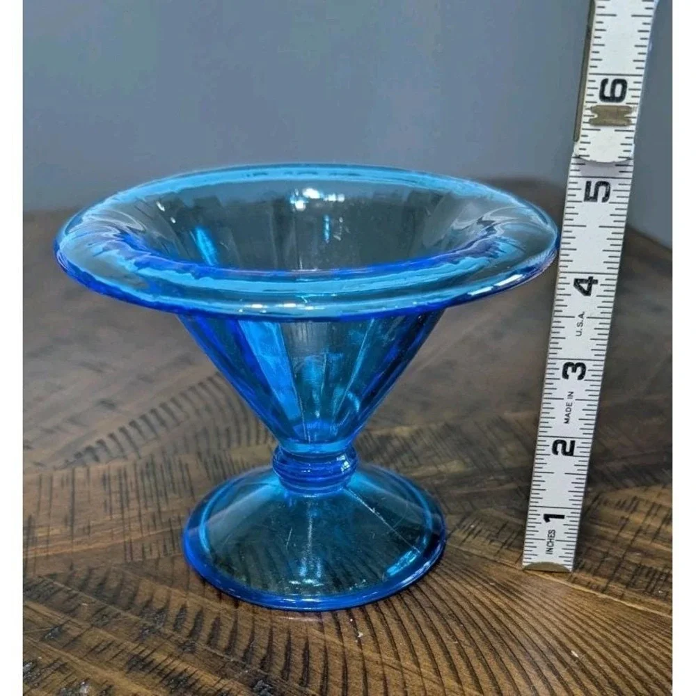 Vintage Aqua Blue Glass Footed Compote Pedestal Bowl Fluted Optic UV Reactive